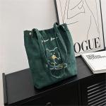 Women’s Corduroy Shoulder Bag – Bear Pattern, Large Capacity Tote, Reusable Casual Handbag