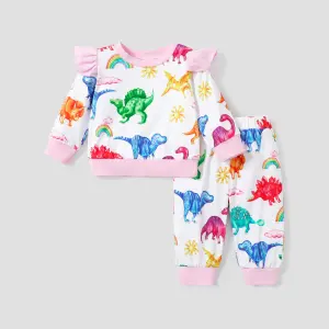 PatPat 2PC Baby Girl Dinosaur Ruffle Set – Casual/Outdoor, Autumn, Full Print.