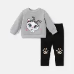 "PatPat 2PCS Baby Girl Cat Embroidered Sweatshirt & Pants Set – Perfect for Daily Wear"