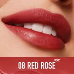 O.TWO.O Lipstick: Moisturizing, lightweight, non-sticky, and high-shine with a vibrant red tint.