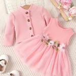 0-24M Baby Girl Pink Petal Dress & Suspender Coat Set – Birthday Gift, Spring/Autumn.