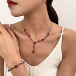 French Style Jewelry Set with Red Rose Flowers, Elegant Necklace and Bracelet for Women