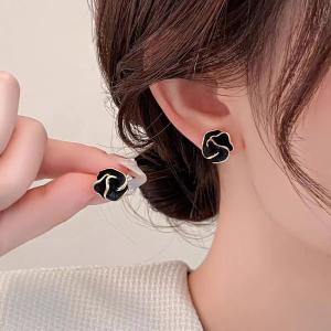 LATS Black Flower Stud Earrings feature a folded, multi-layer enamel design for a chic, floral look.
