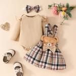 Baby Girl 3-Piece Set – Onesie, Bear Plaid Skirt & Romper, 0-18M.