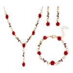 French Style Jewelry Set with Red Rose Flowers, Elegant Necklace and Bracelet for Women