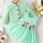 0-24M Baby Girl Pink Petal Dress & Suspender Coat Set – Birthday Gift, Spring/Autumn.
