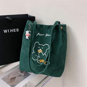 Women’s Corduroy Shoulder Bag – Bear Pattern, Large Capacity Tote, Reusable Casual Handbag