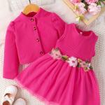 0-24M Baby Girl Pink Petal Dress & Suspender Coat Set – Birthday Gift, Spring/Autumn.