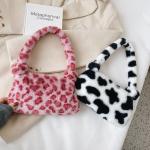 Fashion Women Cow Print Mini Shoulder Bag – Plush Winter Underarm Bag, Leopard Zebra Pattern