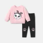 "PatPat 2PCS Baby Girl Cat Embroidered Sweatshirt & Pants Set – Perfect for Daily Wear"