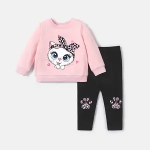 "PatPat 2PCS Baby Girl Cat Embroidered Sweatshirt & Pants Set – Perfect for Daily Wear"