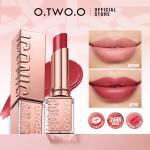 O.TWO.O Lipstick: Moisturizing, lightweight, non-sticky, and high-shine with a vibrant red tint.